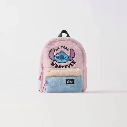 Disney Stitch Plush Autumn Backpack - Hello Kitty Cute Color-Block Bag for Kids, Perfect School Gift