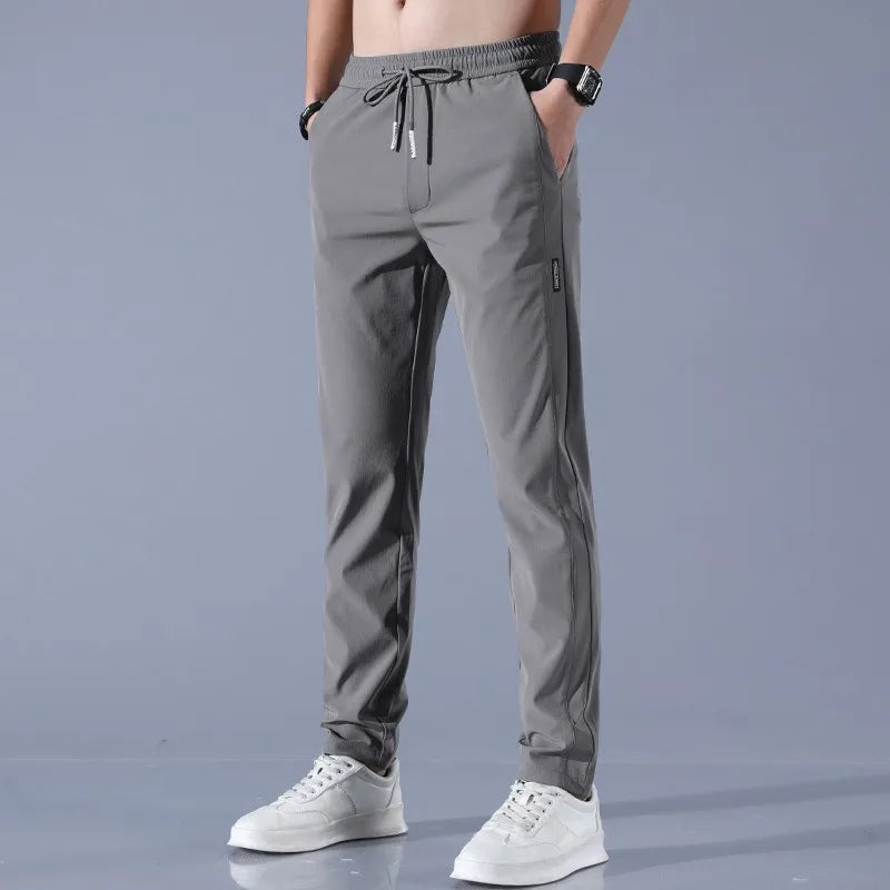 2024 New Ice Silk Men's Pants - Summer Black Gray Thin Business Casual, Elastic Breathable Outdoor Straight Leg Sweatpants