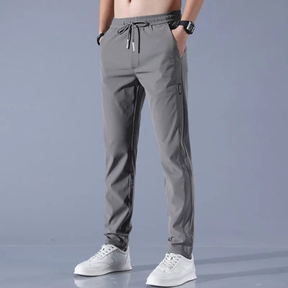 2024 New Ice Silk Men's Pants - Summer Black Gray Thin Business Casual, Elastic Breathable Outdoor Straight Leg Sweatpants
