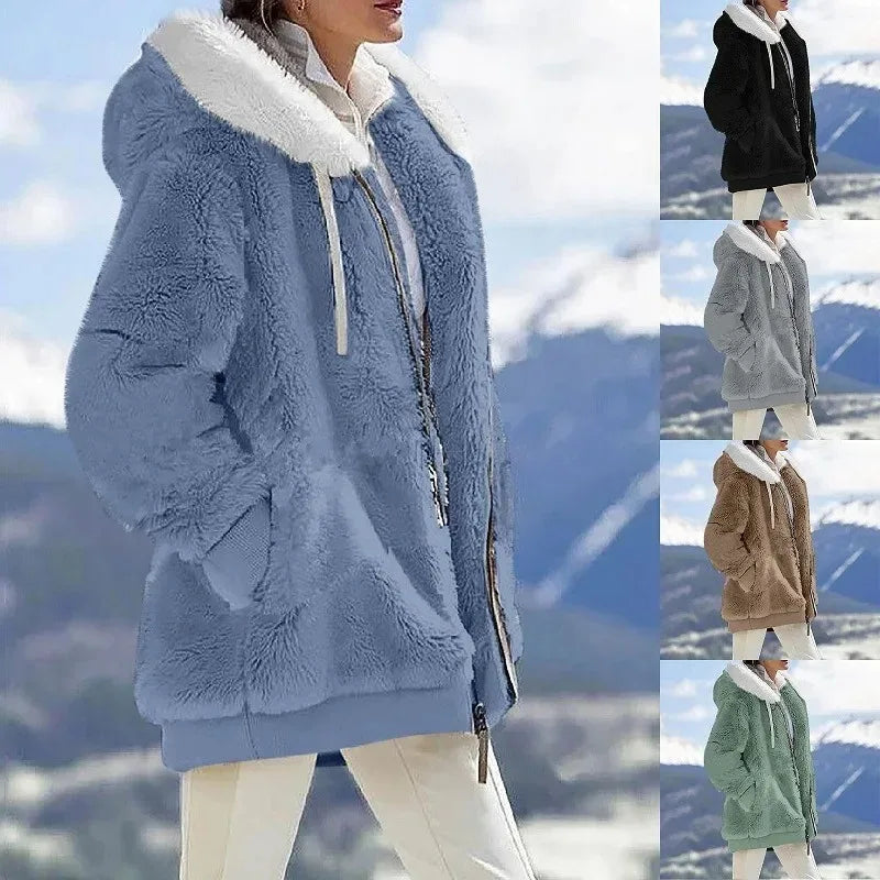2024 Winter Fashion Women's Hooded Zipper Coat - Casual Cashmere Fleece Jacket in Solid Colors