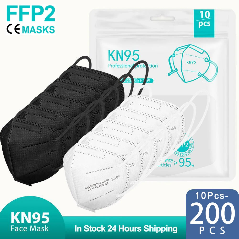 10-200PCS Black KN95 FFP2 Face Masks – CE Certified 5-Layer Non-Woven Reusable Adult Mascarillas