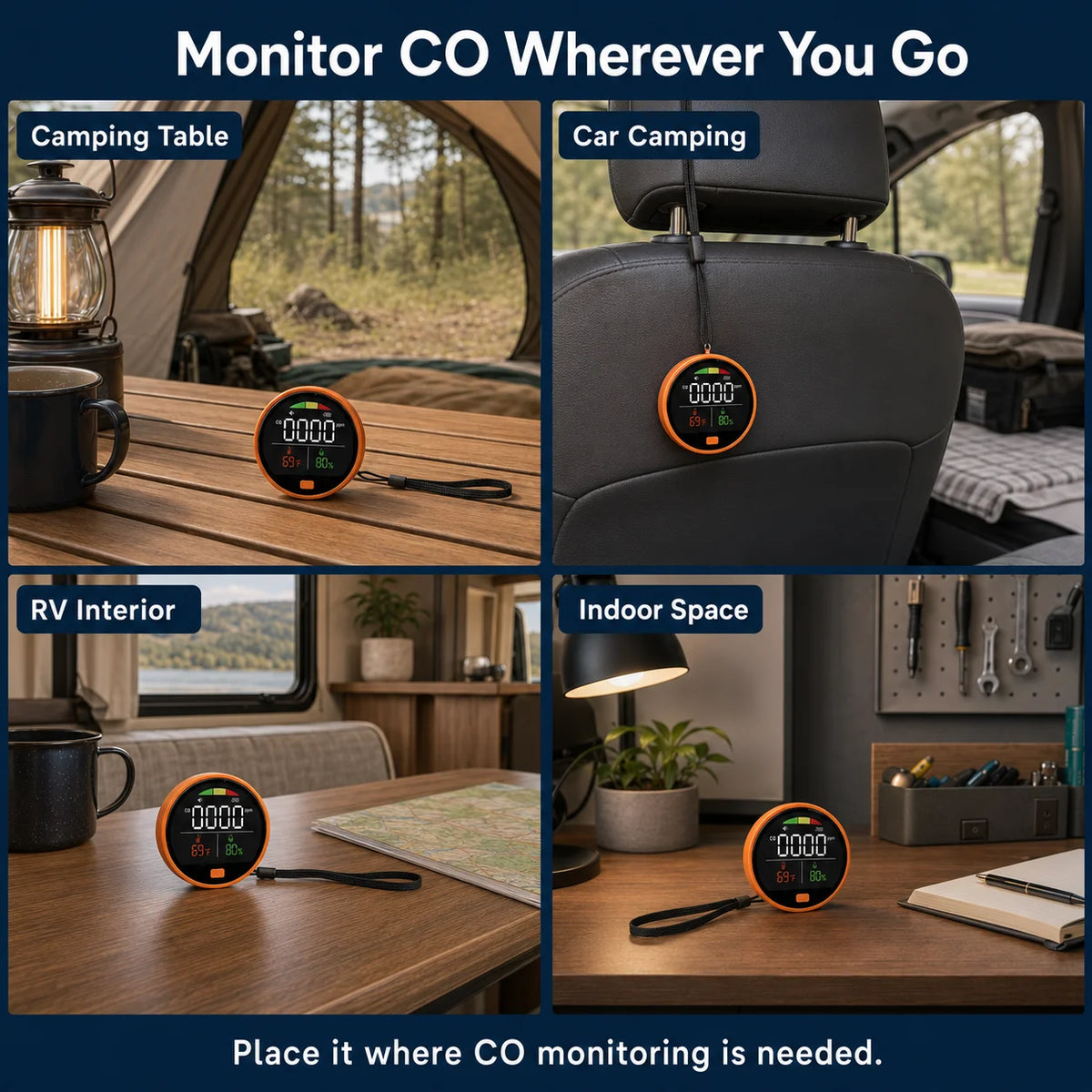Portable 3-in-1 CO Detector - Carbon Monoxide, Temperature & Humidity Monitor with Buzzer Alert for Home, RV & Camping