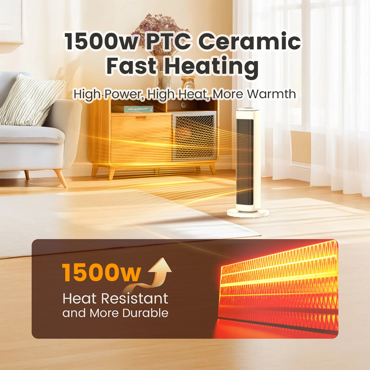 AIRMATE 25-Inch Ceramic Tower Space Heater - Electric Indoor Heater with Adjustable Thermostat for Large Rooms