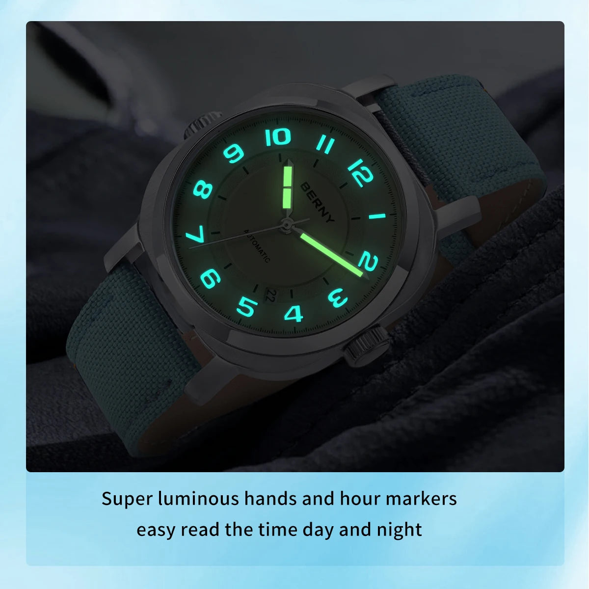 BERNY Women’s Mechanical Watch — Self-Wind Pillow Cushion Design with Sapphire Crystal, Super Luminous Display, Canvas Strap, and Calendar Function