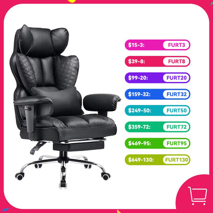 Ergonomic Leather Office Chair - High Back Gaming Chair with Footrest & Adjustable Armrests