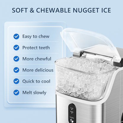 SIMZLIFE Nugget Ice Maker Countertop – 34lbs/Day Portable Ice Machine with Basket, Scoop & Self-Cleaning, Silver