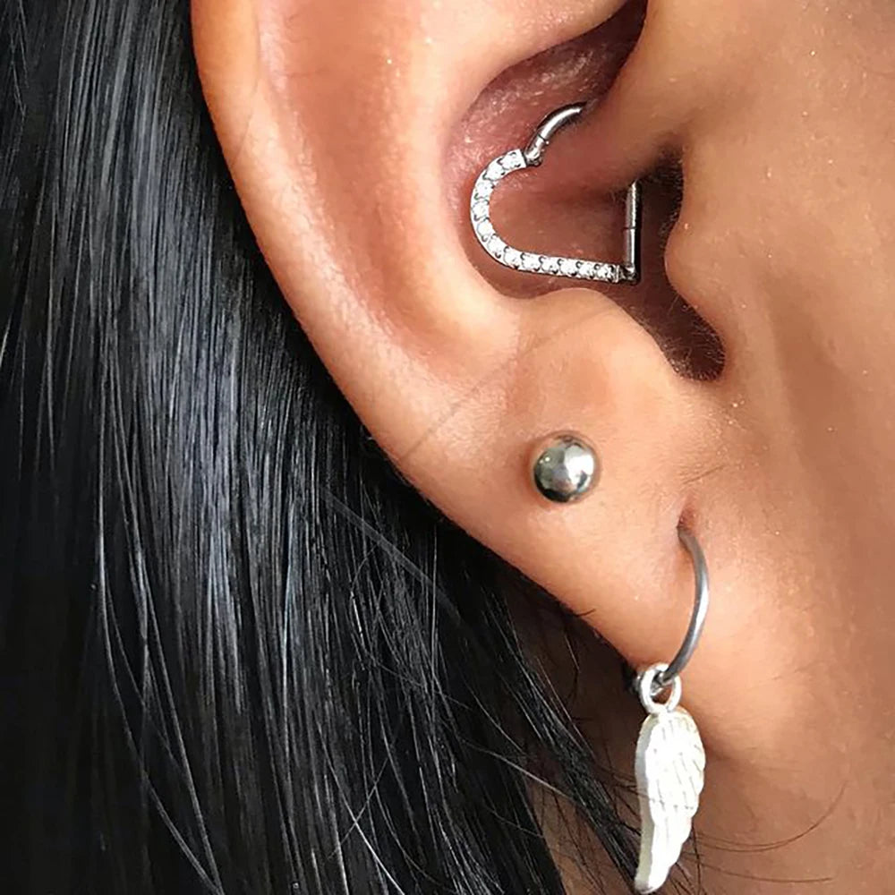 Right Grand ASTM F136 Titanium Daith Heart Hoop Earring – Hinged Segment Ring with Clear CZ for Cartilage, Tragus & Helix Piercing Jewelry