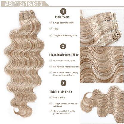 Highlight Gold Bio Body Wave Hair Weave Bundles – 26"/30" Synthetic High Temperature Soft, Natural Human-Like Fiber Hair Extensions