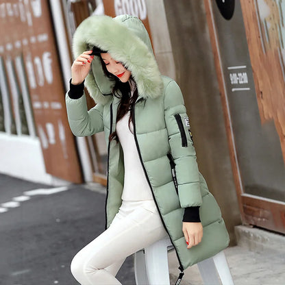 Women's Winter Parka – Fur Collar Hooded Long Jacket, Slim Fit, Warm & Thick with Letter Patch & Zipper Pockets