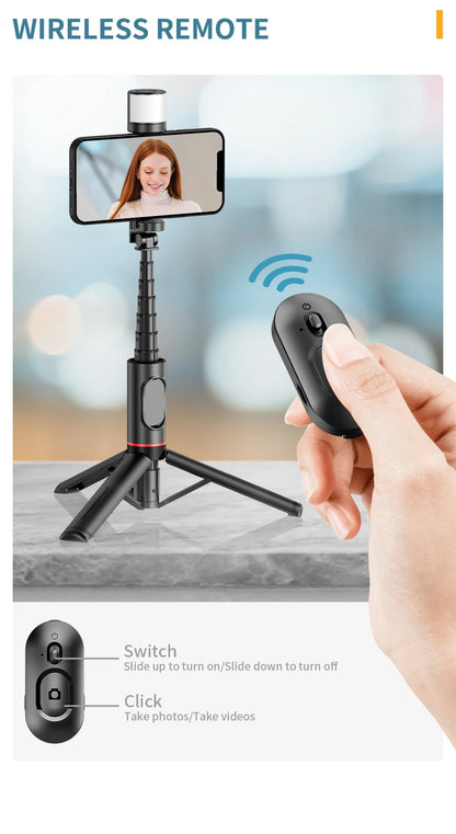 Roreta Portable Wireless Bluetooth Selfie Stick Tripod with Fill Light – Telescopic for iPhone 13, Huawei, Xiaomi & Android Phones