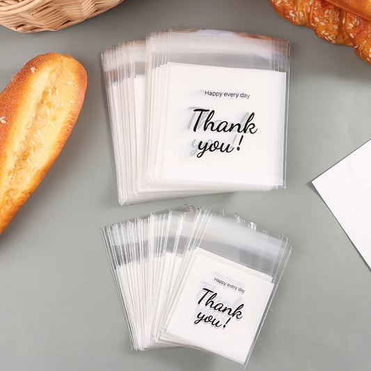 100Pcs Thank You Self-Adhesive Plastic Cookie Bags - Ideal for Wedding, Birthday, and Party Gift Packaging - Biscuit Baking & Candy Storage