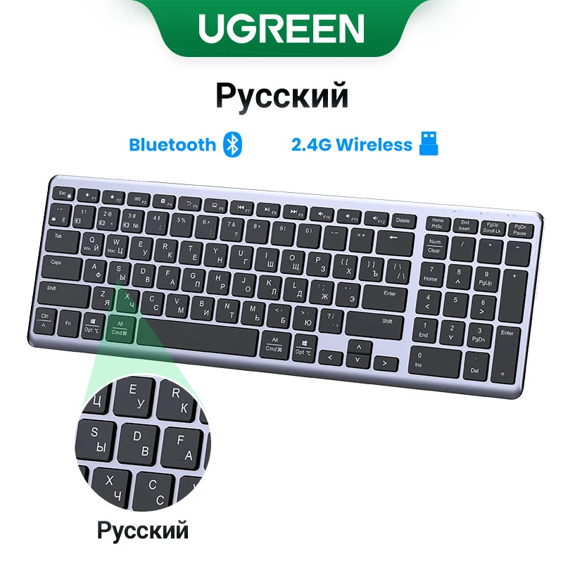 UGREEN Wireless Bluetooth 5.0 & 2.4G Keyboard – 99 Keycaps Russian/Korean/English, USB-C Rechargeable for MacBook, iPad, PC & Tablet