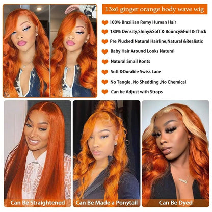 30-36 Inch Body Wave Orange Ginger Lace Front Wig – Pre-Plucked 13x6 Human Hair Lace Frontal for Women