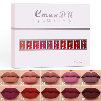 CmaaDu 10pcs Velvet Matte Lip Gloss Set – Durable, Waterproof, Silky Texture, Non-Stick, High Saturation Colors