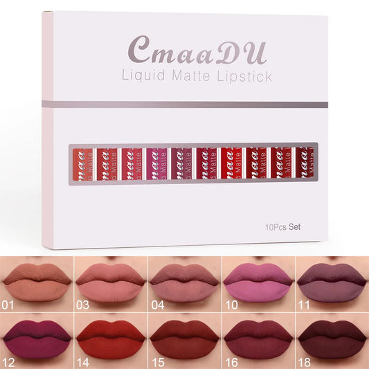 CmaaDu 10pcs Velvet Matte Lip Gloss Set – Durable, Waterproof, Silky Texture, Non-Stick, High Saturation Colors