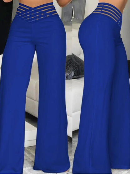 Stay on Trend: Women's Autumn Wide Leg Flared Pants with Crisscross Sheer Mesh Patch - High Waist Y2K Streetwear for an Elegant Work Look
