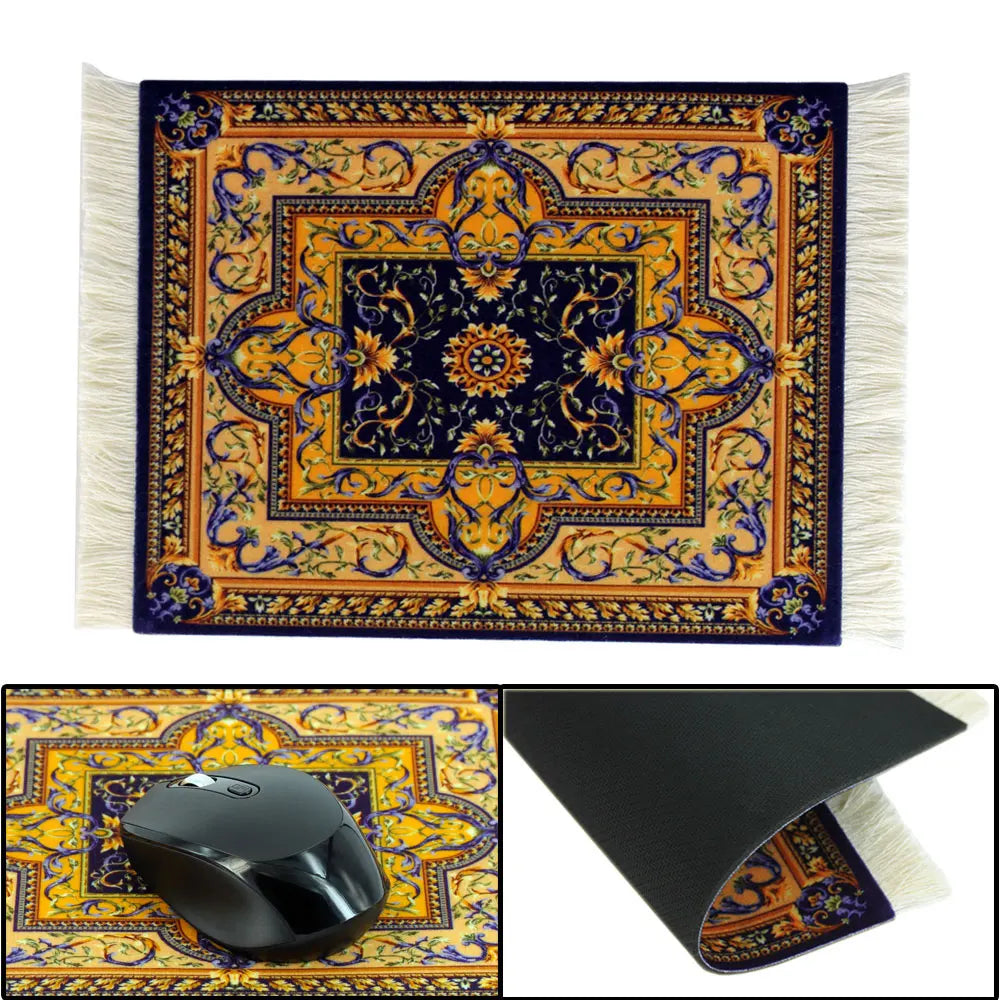 Persian Mini Woven Rug Mousepad - Retro Style Carpet Pattern Cup Laptop PC Mouse Pad with Fringe - Home Office Table Decor Craft
