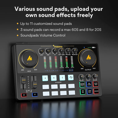 Maono AME2 Portable Audio Interface Sound Card – All-in-One DJ Mixer for Podcast Recording, Live Streaming, YouTube & Guitar PC
