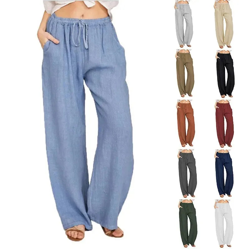 Women’s Cotton Linen Wide Leg Pants – Casual Loose Fit Elastic Waist Pocket Straight Trousers Oversized Streetwear