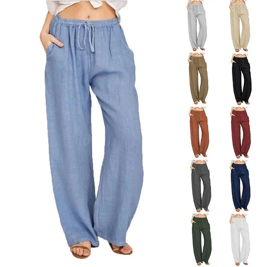 Women’s Cotton Linen Wide Leg Pants – Casual Loose Fit Elastic Waist Pocket Straight Trousers Oversized Streetwear