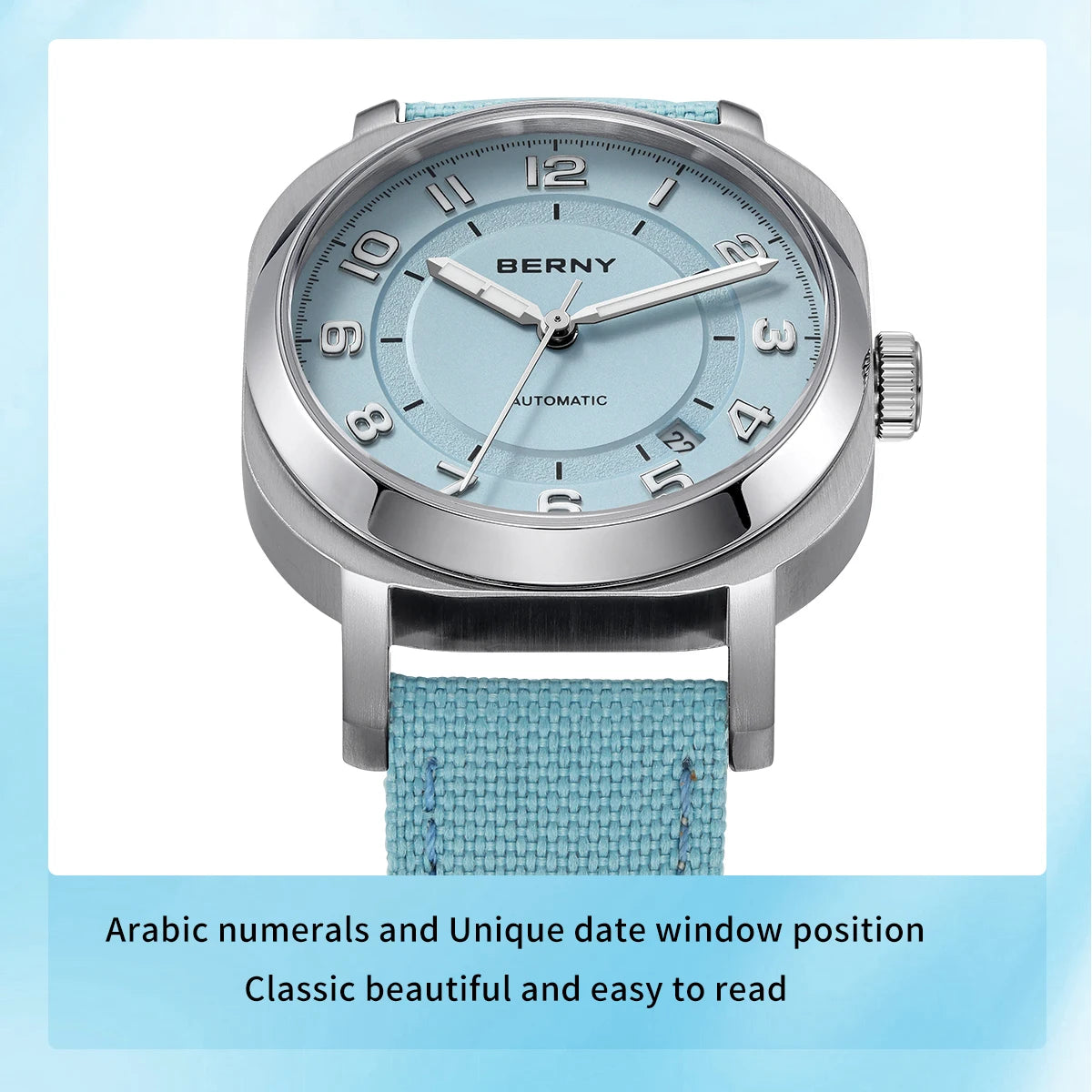 BERNY Women’s Mechanical Watch — Self-Wind Pillow Cushion Design with Sapphire Crystal, Super Luminous Display, Canvas Strap, and Calendar Function