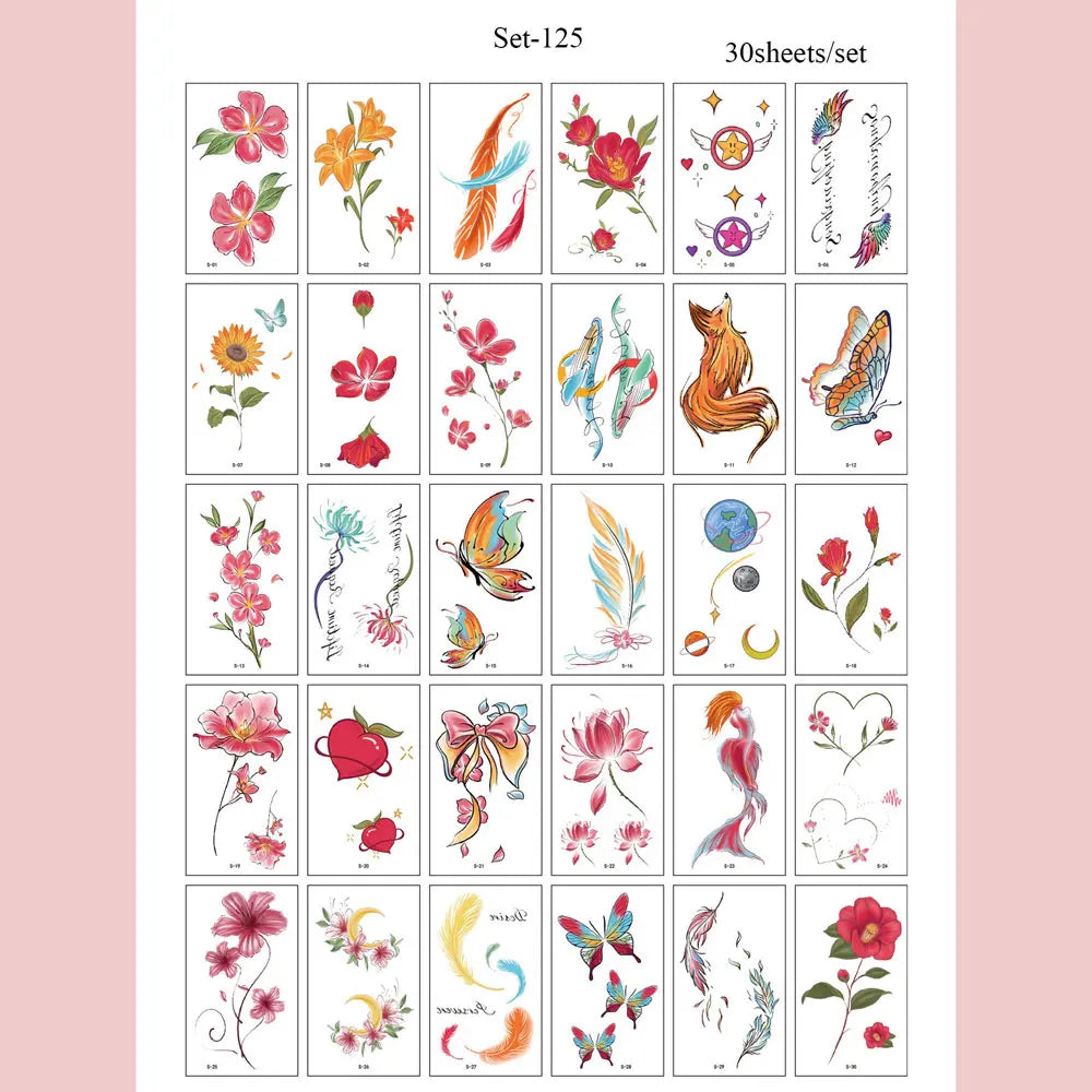 30pcs Black Temporary Tattoo Stickers - Flower Butterfly Rose Moon Star Mandala Designs for Hand, Chest & Body Art