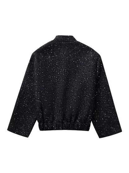 Nlzgmsj Women’s Shiny Sequin Jacket – Y2K Gold Stand Collar Short Coat, Autumn Winter High Streetwear