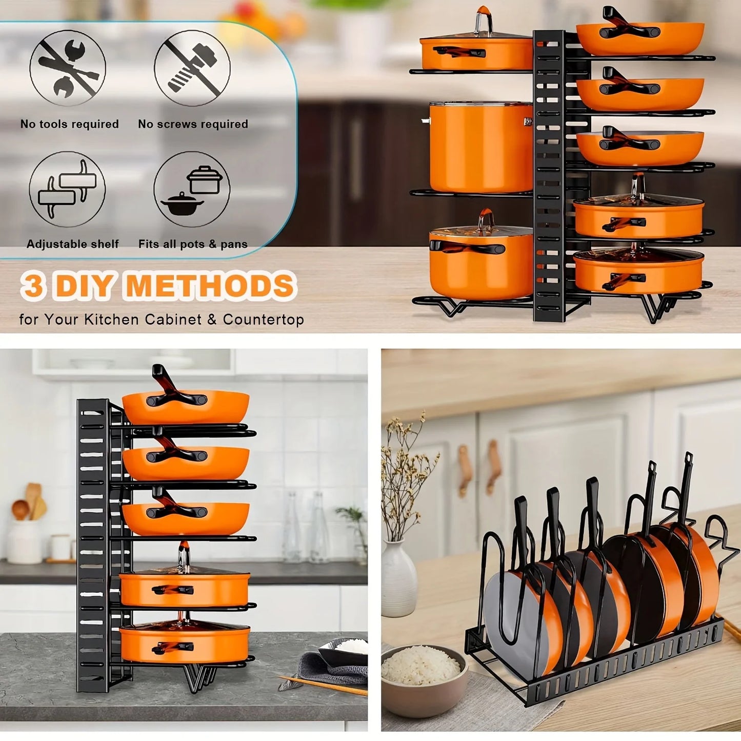8-Tier Metal Pot Rack Organizer – Durable Space-Saving Cabinet Holder for Pots, Pans & Lids