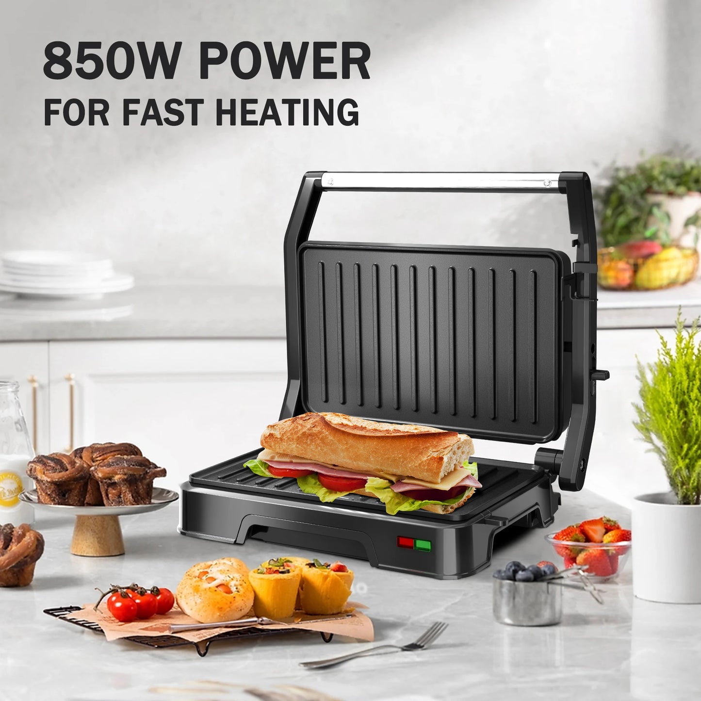 850W Panini Press Sandwich Maker – Non-Stick Grill with Indicator Light & Locking Lid