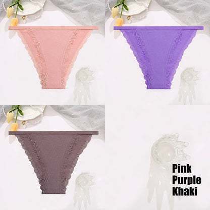 FINETOO 3pcs Women’s Lace Cotton Briefs — Solid, Comfortable, Breathable Soft Underwear & Lingerie
