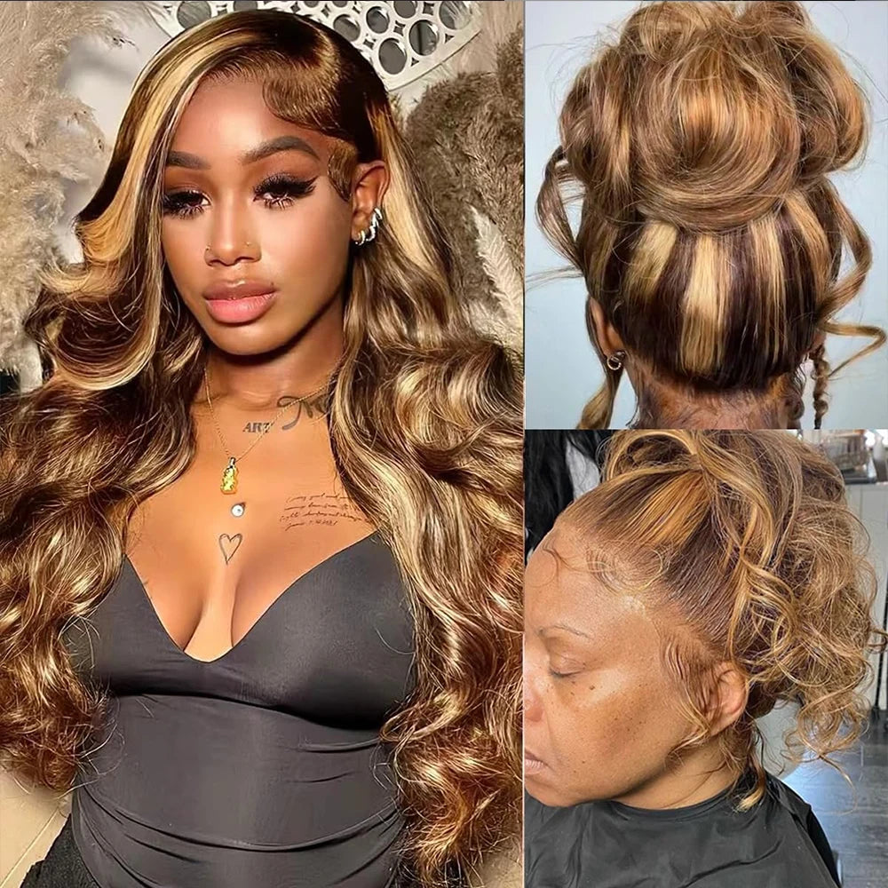 360 Full Lace Wig – Pre-Plucked P4/27 Human Hair, 38 Inches HD Lace Front Body Wave Highlight Wig