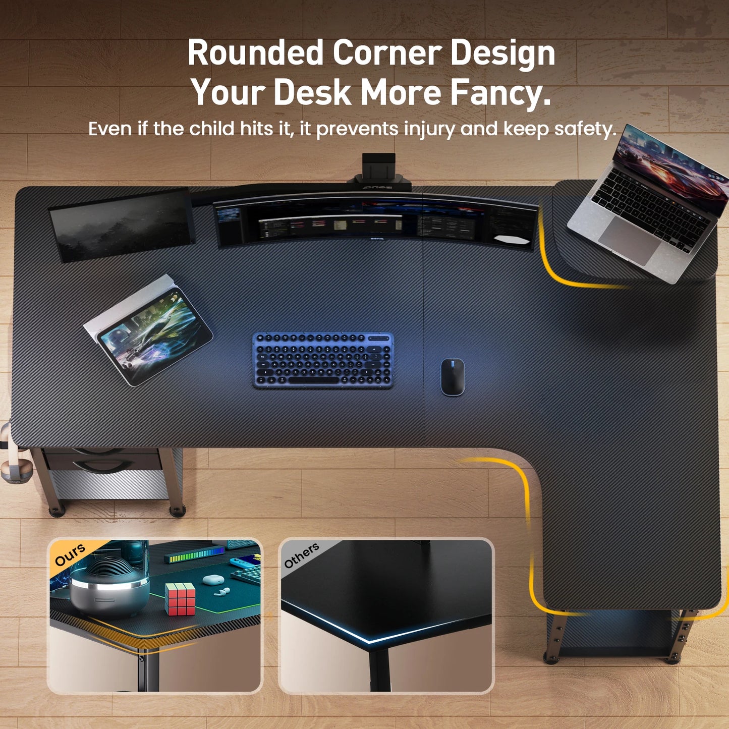 L-Shaped Gaming Desk with Drawers – Carbon Fiber Computer Desk with Monitor Arm for Home Office