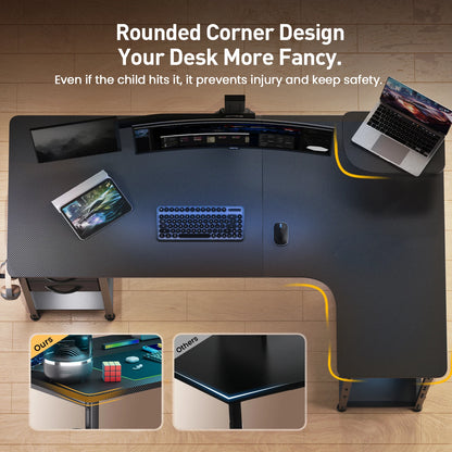 L-Shape Carbon Fiber Gaming Desk with Drawers & Monitor Arm – Home Office Computer Desk