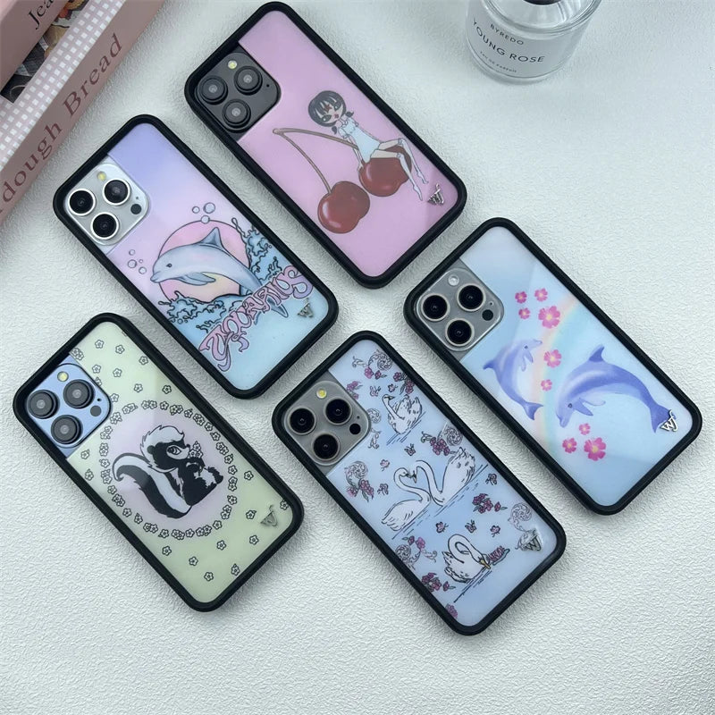 Wildflower Cute Animal Cartoon Phone Case for iPhone 16 Pro Max/16/15 Pro/15/14 Plus/13 Pro/12 Pro – Cherry, Dolphin & Swan Print Design