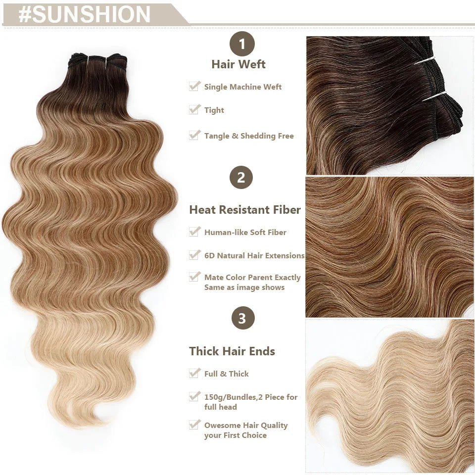 Highlight Gold Bio Body Wave Hair Weave Bundles – 26"/30" Synthetic High Temperature Soft, Natural Human-Like Fiber Hair Extensions