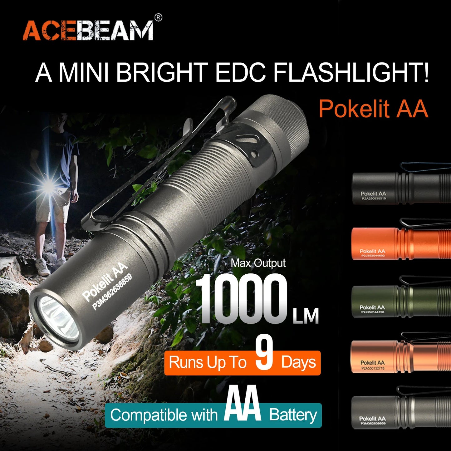 ACEBEAM Pokelit AA EDC Flashlight - 1000 Lumens, CRI90, USB-C Rechargeable, IP68 Waterproof Small Pocket LED for Everyday Carry