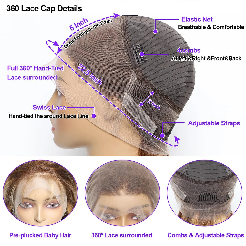 360 Full Lace Wig – Pre-Plucked P4/27 Human Hair, 38 Inches HD Lace Front Body Wave Highlight Wig
