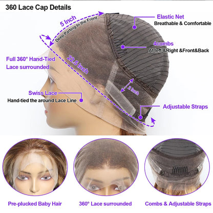 360 Full Lace Wig – Pre-Plucked P4/27 Human Hair, 38 Inches HD Lace Front Body Wave Highlight Wig
