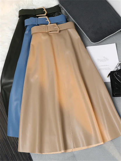 High Waist Faux Leather Long Skirt for Women – REALEFT Belted PU Leather Umbrella Skirt Autumn Winter Fashion