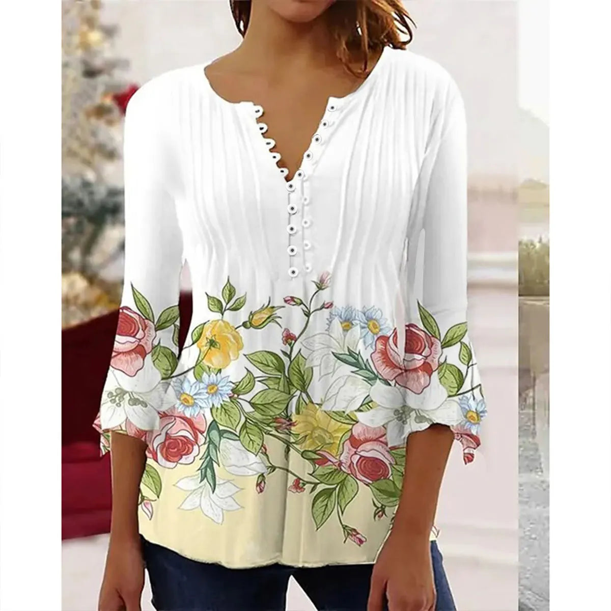 2024 Trendy 3D Printed Women’s Blouse Shirt – V Neck Button-Up 3/4 Sleeve Elegant Spring Summer Fashion Top