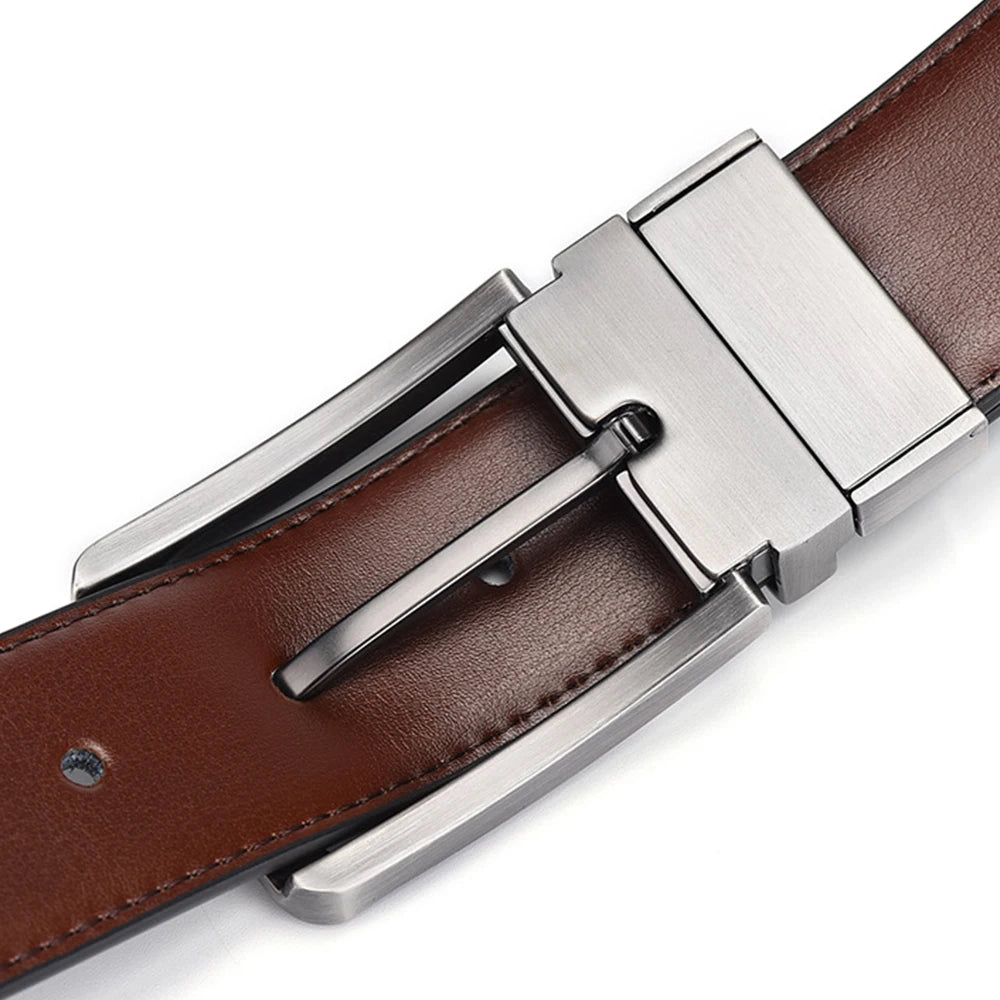 Men’s Genuine Leather Double-Sided Belt – Luxury Retro Pin Buckle with Laser Engraving (High Quality)