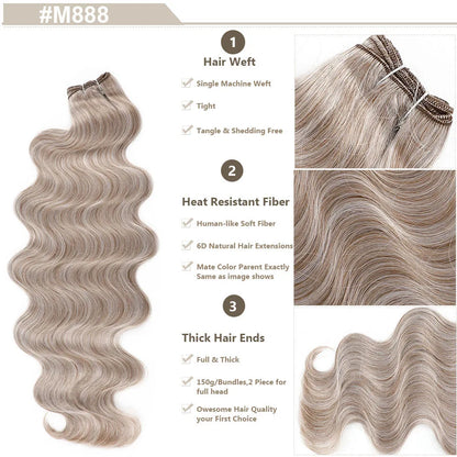Highlight Gold Bio Body Wave Hair Weave Bundles – 26"/30" Synthetic High Temperature Soft, Natural Human-Like Fiber Hair Extensions