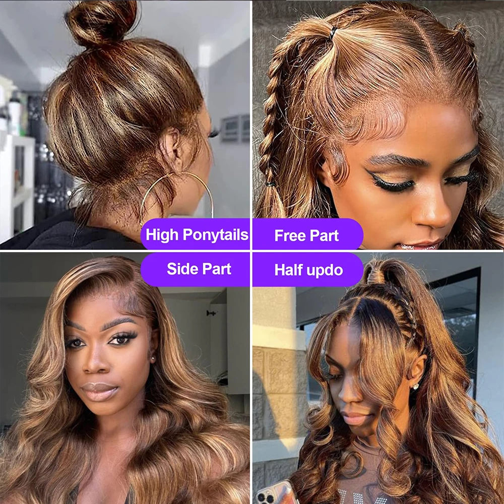 360 Full Lace Wig – Pre-Plucked P4/27 Human Hair, 38 Inches HD Lace Front Body Wave Highlight Wig