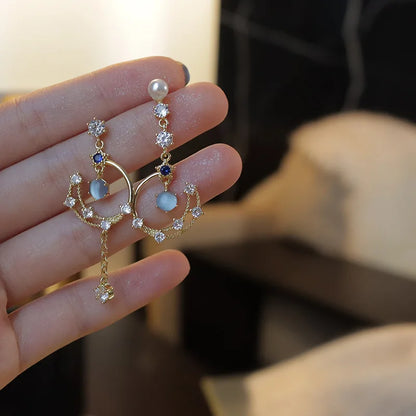 Pearl Moon Asymmetric Earrings - Butterfly Flower Zircon Drop Jewelry for Women Weddings