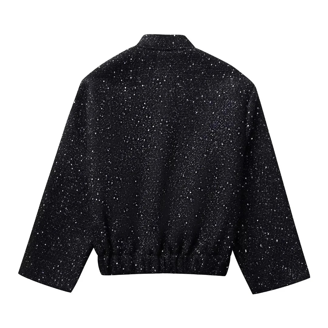 Nlzgmsj Women’s Shiny Sequin Jacket – Y2K Gold Stand Collar Short Coat, Autumn Winter High Streetwear