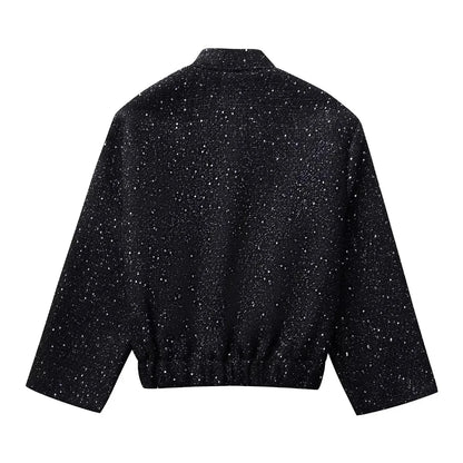 Nlzgmsj Women’s Shiny Sequin Jacket – Y2K Gold Stand Collar Short Coat, Autumn Winter High Streetwear
