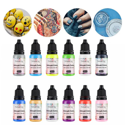 12pcs Airbrush Nail Ink Paint Set – Colorful Nail Polish for Spray Gun, Stencil & Hollow Pattern Art Tools