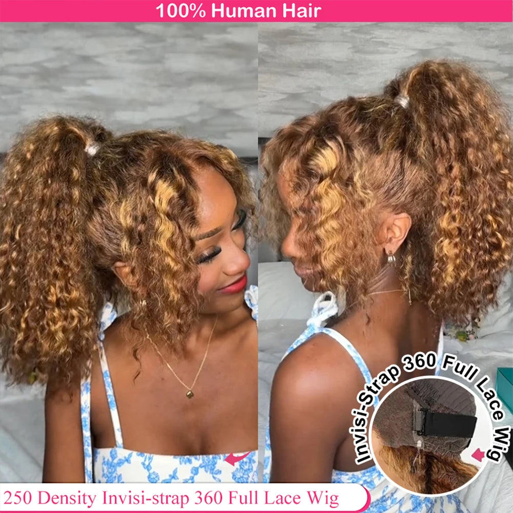Highlight Invisi-Strap HD 360 Lace Front Wig – 250 Density Deep Curly Pre-Plucked Human Hair Full Lace Wig