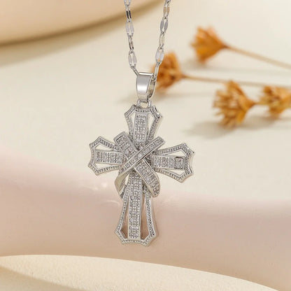 Retro Cross Necklace with Micro-Inlaid Zircon – Hollow Clavicle Chain Gift for Family & Friends, Elegant Versatile Jewelry