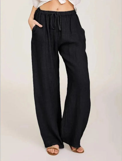 Women’s Cotton Linen Wide Leg Pants – Casual Loose Fit Elastic Waist Pocket Straight Trousers Oversized Streetwear